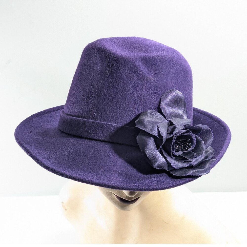 Deep Purple Wool fedora, TEMPTATION Italy purple wool fedora with flower made in